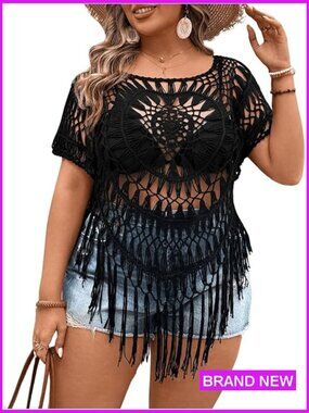 Hollow Out Knit T Shirt Fringe Hem Scoop Neck Short Sleeve Casual Plus Size Top